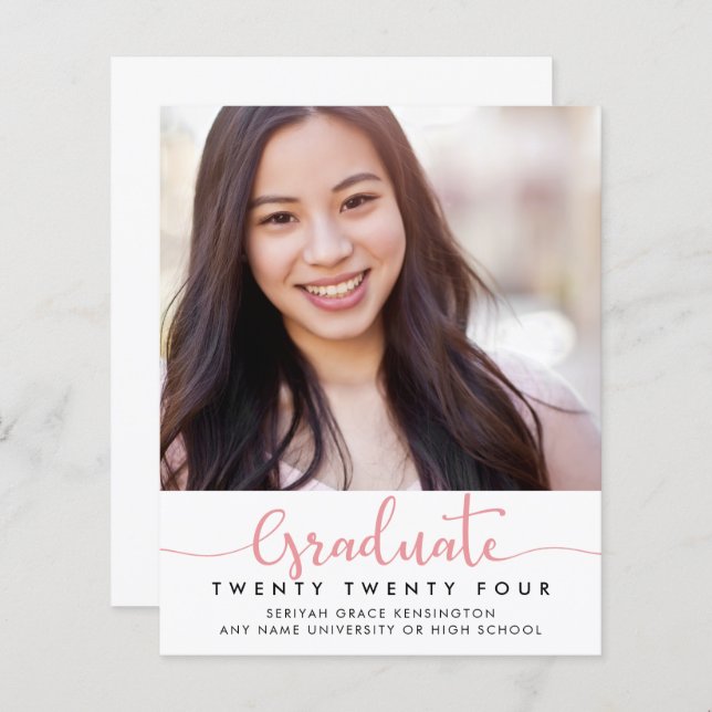 BUDGET Modern Elegant Pink Script Graduation Photo (Front/Back)