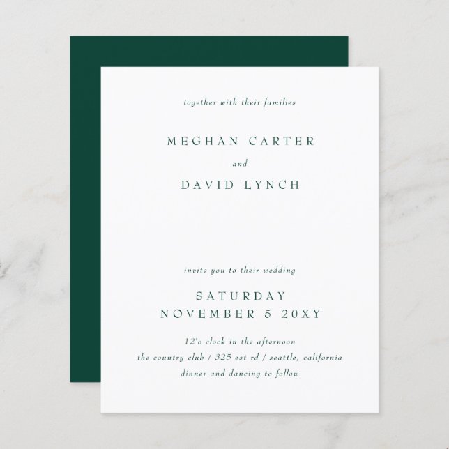Budget Modern Emerald Green Wedding Invitation (Front/Back)