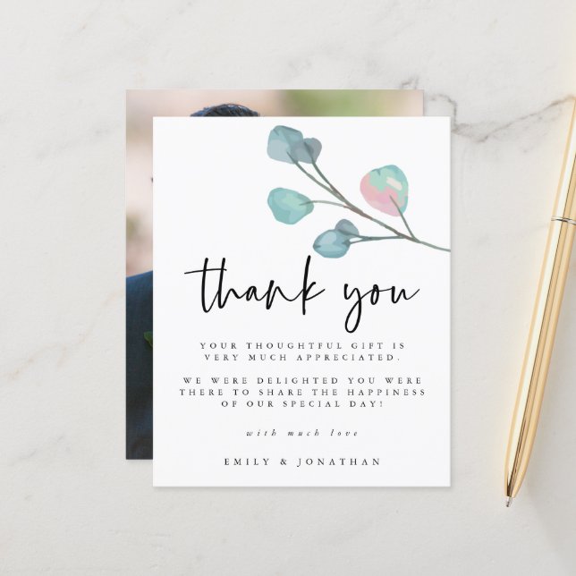 Budget Modern Eucalyptus Photo Wedding Thank You (Front/Back In Situ)