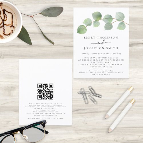 Budget Modern Eucalyptus QR Code Wedding Invite