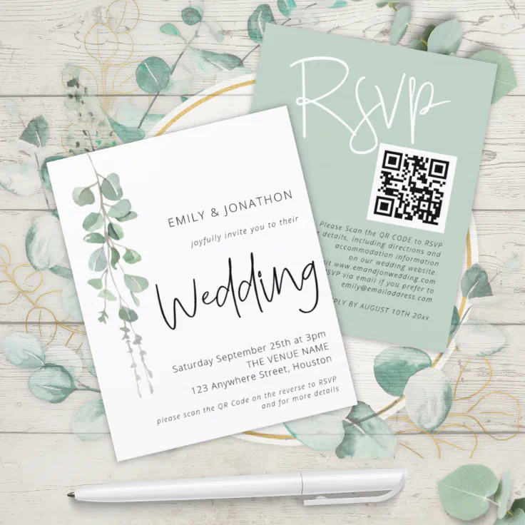 Budget Modern Eucalyptus Qr Wedding Invitation Zazzle