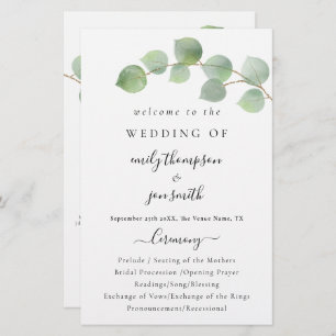 Budget Modern Eucalyptus Script Wedding Program