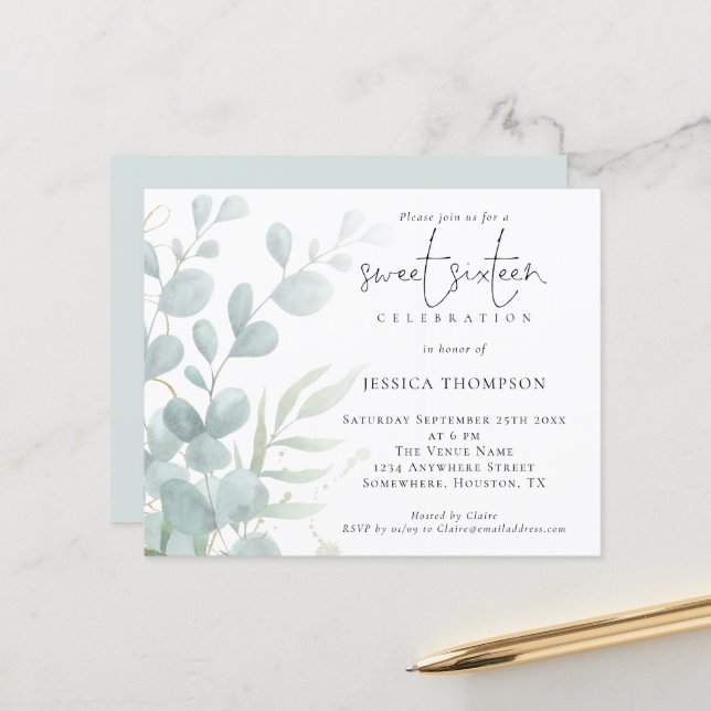 Budget Modern Eucalyptus Sweet Sixteen Invitation (Front/Back In Situ)