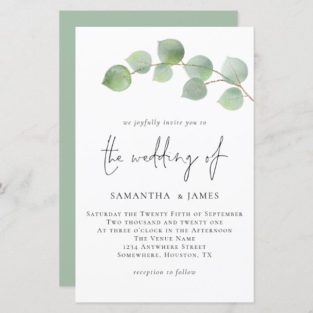 Budget Modern Eucalyptus Wedding Invitation (Front/Back)