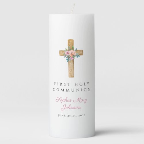 Budget Modern Floral Cross Girl First Communion  Pillar Candle