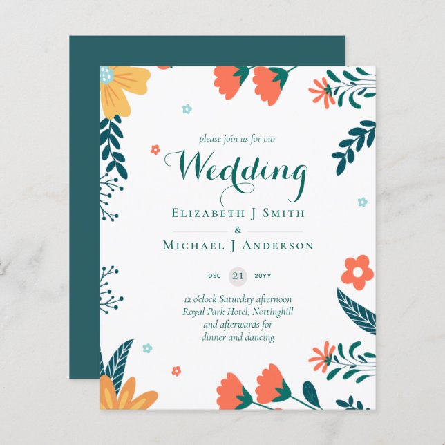 BUDGET Modern Garden Leaves Wedding Invitation (Front/Back)
