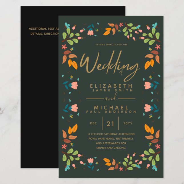 BUDGET Modern Garden Leaves Wedding Invite A9 (Front/Back)