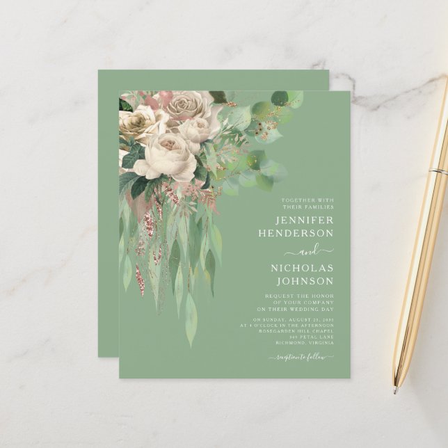 Budget Modern Green Floral Roses Wedding Invitatio (Front/Back In Situ)