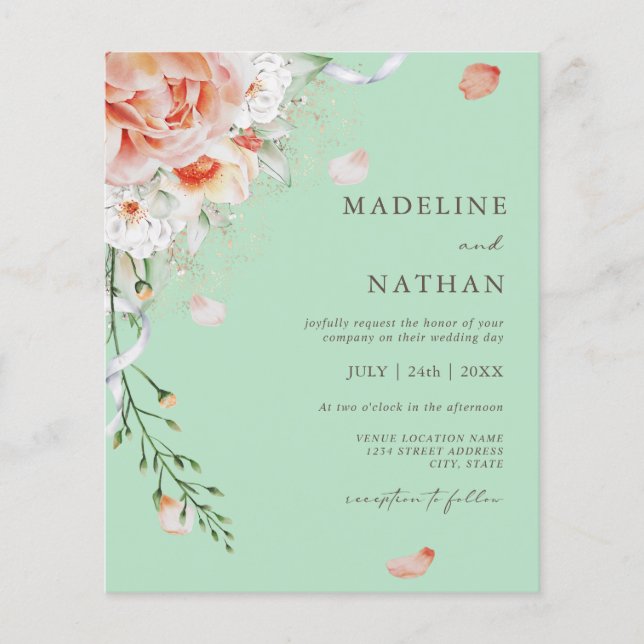 Budget Modern Green Floral Wedding Invitation (Front)