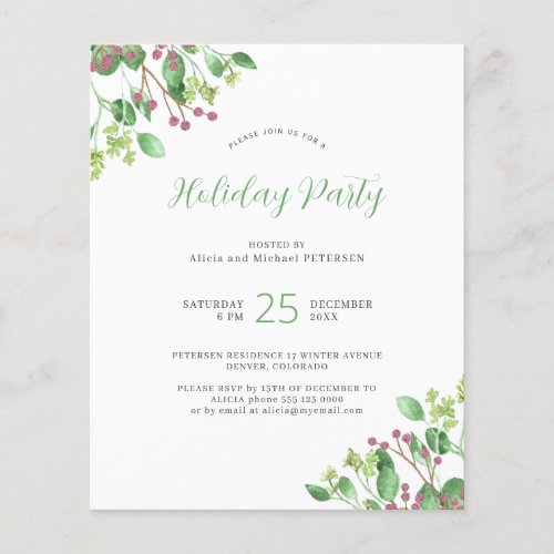 Budget modern greenery holiday party invitation flyer