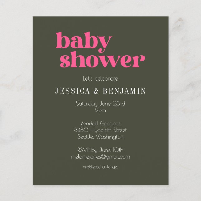 Budget Modern Groovy Pink Green Baby Shower Invite (Front)