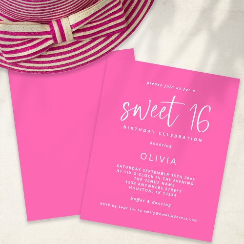 Budget Modern Hot Pink Sweet 16 Birthday Invite