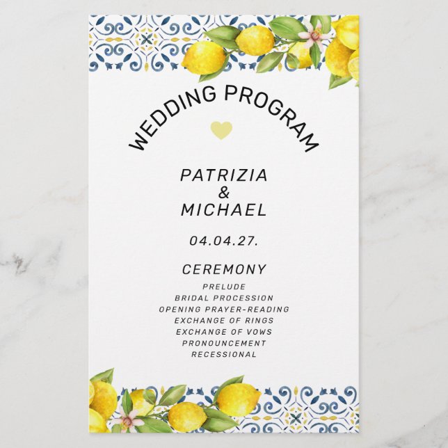 Budget Modern Lemon Mediterranean Wedding  Program Flyer (Front)