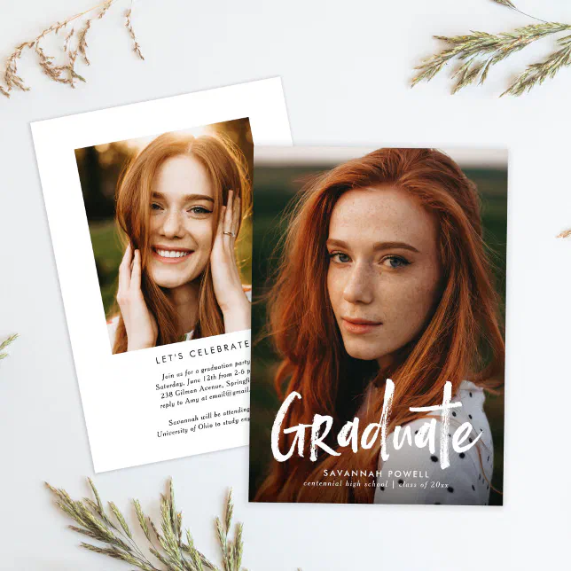 Budget Modern Lettering Two Photo Graduation Party Invitation | Zazzle