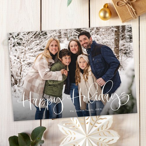 Budget Modern Lettering Two Photo Happy Holiday Card