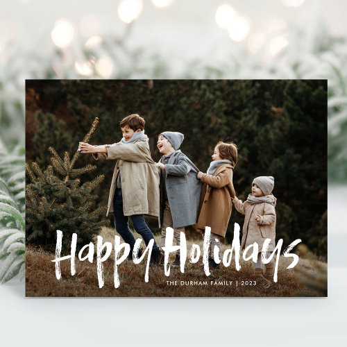 Budget Modern Lettering Two Photo Happy Holiday Card