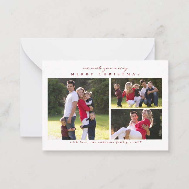 Budget Modern Merry Christmas Red 3 Photo Holiday Note Card (Front)