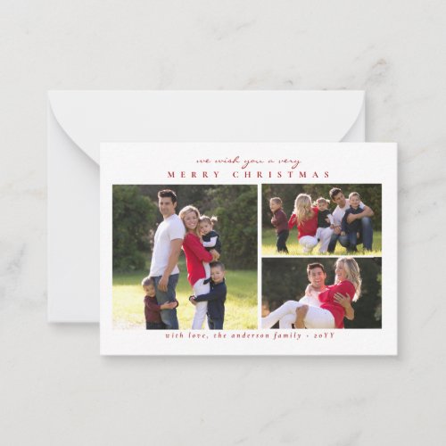 Budget Modern Merry Christmas Red 3 Photo Holiday Note Card