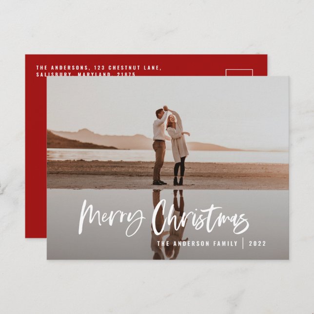 Budget Modern minimal 1 photo red script Christmas Holiday Postcard (Front/Back)