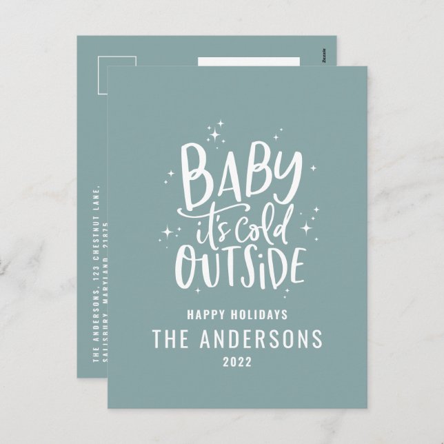 Budget modern minimal blue elegant script holiday postcard (Front/Back)