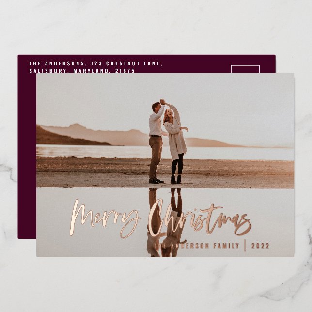 Budget modern minimal photo burgundy Christmas Foil Holiday Card (Front/Back)
