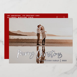 Budget modern minimal photo red script Christmas Foil Holiday Card