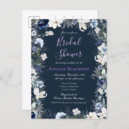 Budget Modern Navy Blue Floral Bridal Shower Invitation Postcard