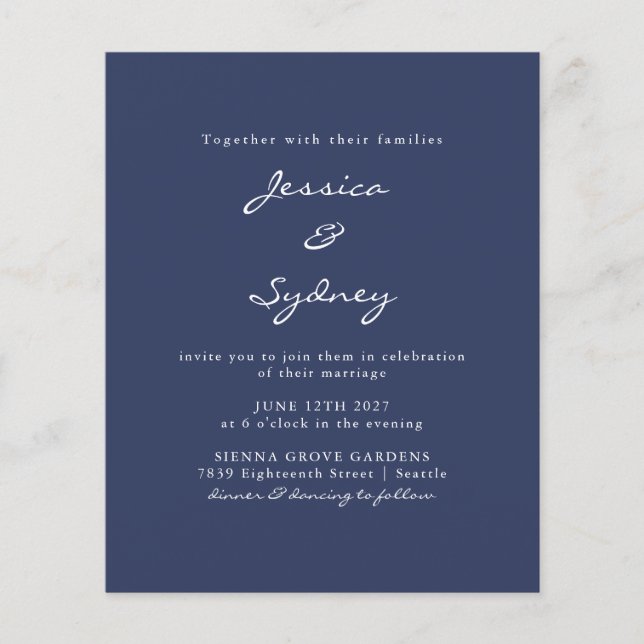 Budget Modern Navy Blue Script Wedding Invitation (Front)