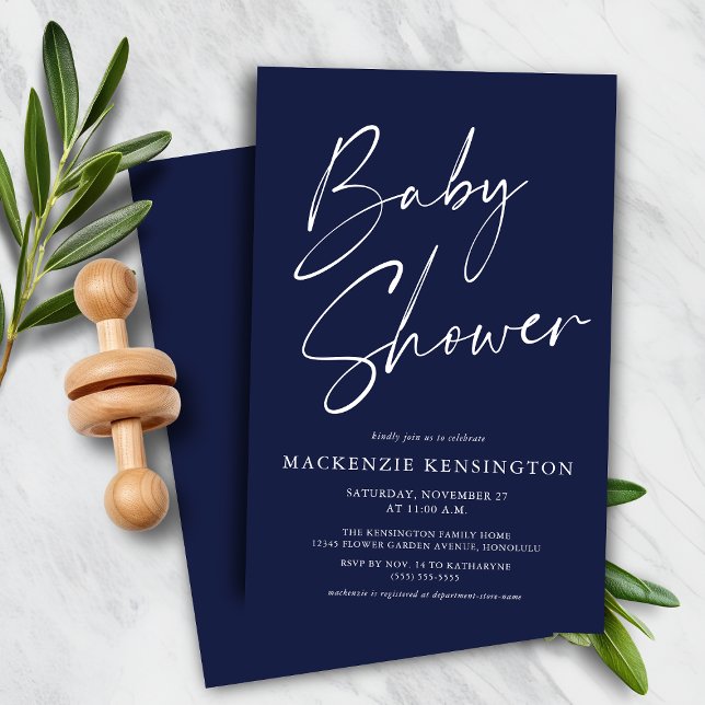 Budget Modern Navy Blue Simple Script Baby Shower (Budget Modern Navy Blue Simple Script Baby Shower Invitation)