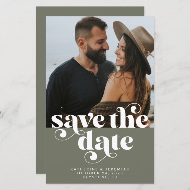 BUDGET Modern Olive Green Photo Save the Date (Front/Back)