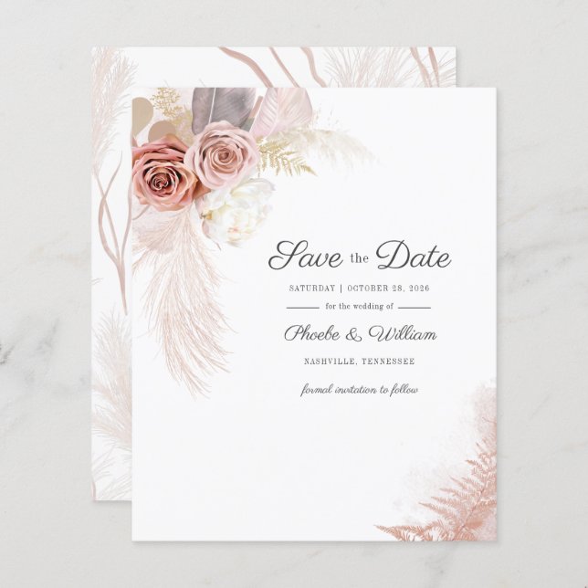 Budget Modern Pampas Grass Floral Save The Date (Front/Back)