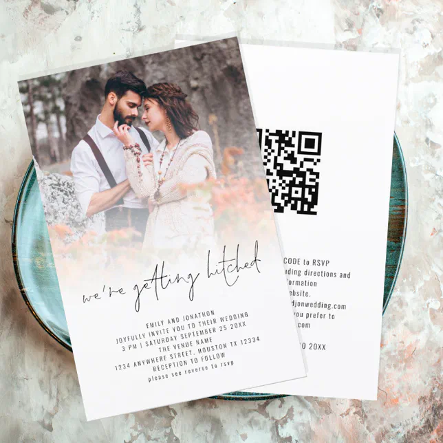 Budget Modern Photo Overlay QR Code Wedding Invite | Zazzle