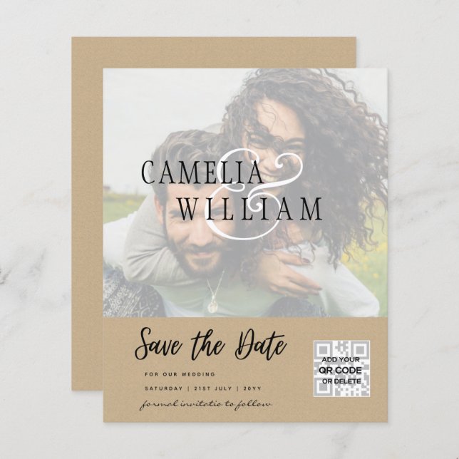 BUDGET Modern PHOTO Save The Date QR CODE RSVP (Front/Back)
