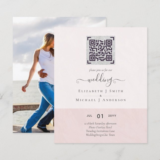 BUDGET Modern PHOTO Wedding INVITE QR CODE RSVP (Front/Back)