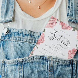 Budget Modern Pink Floral Photo Sweet 16 Birthday Flyer