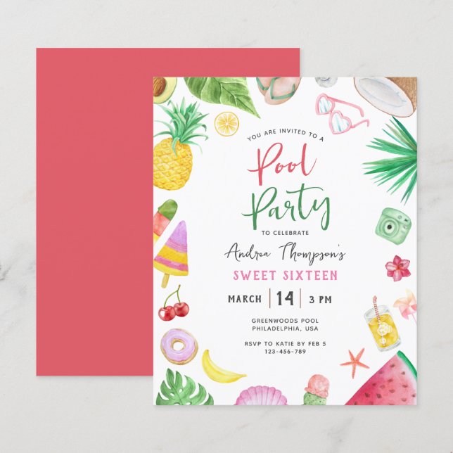 Budget Modern Pool Party Summer Sweet 16 Birthday (Front/Back)