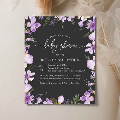 Budget Modern Purple Floral Baby Shower Invitation