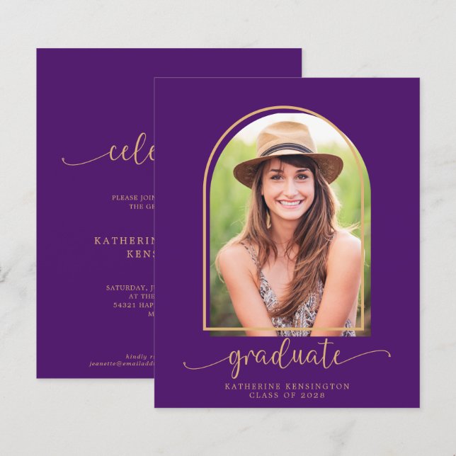 Budget Modern Purple Gold Arch Photo Graduation (Front/Back)