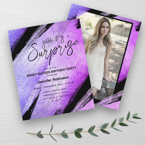 Budget Modern Purple Surprise Sweet 16 Invites 