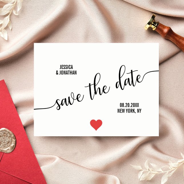 Budget Modern RED Heart Wedding SAVE THE DATE Announcement Postcard