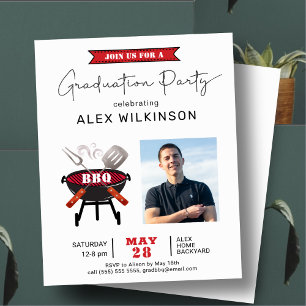 BUDGET Modern Red Script Photo GRAD BBQ Invitation