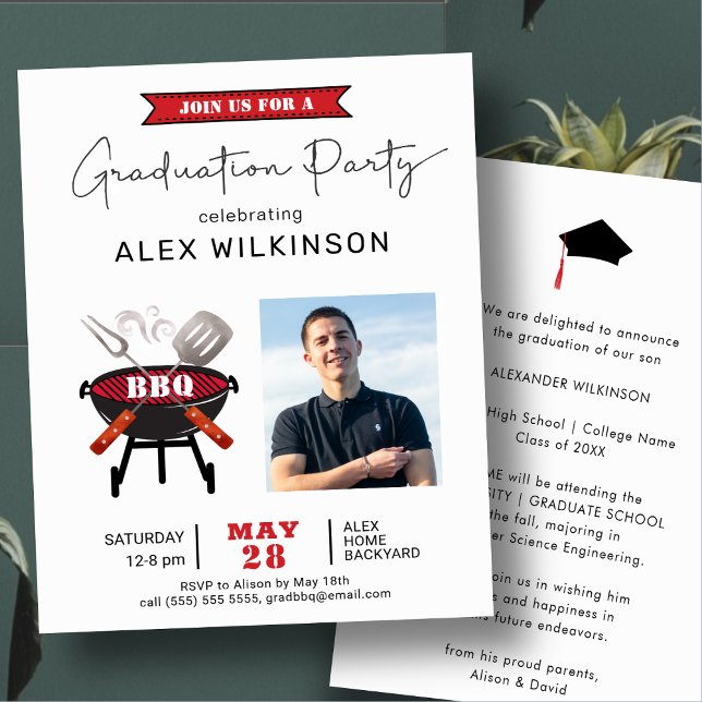 BUDGET Modern Red Script Photo GRAD BBQ Invitation (Creator Uploaded)