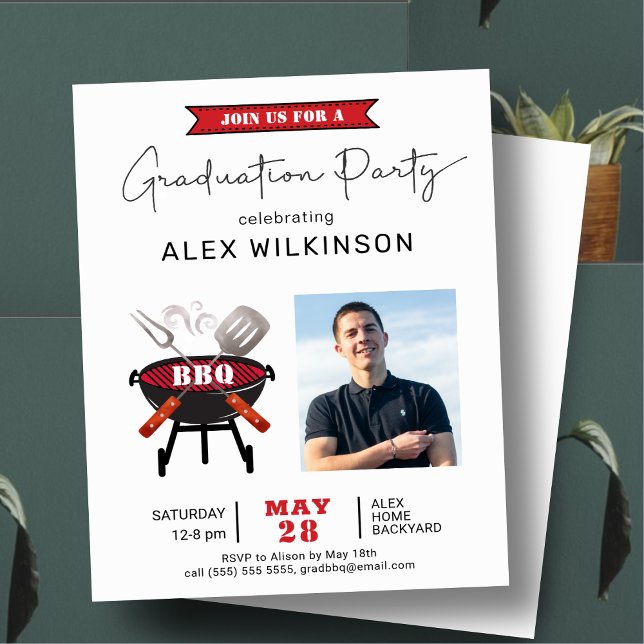 BUDGET Modern Red Script Photo GRAD BBQ Invitation (Creator Uploaded)