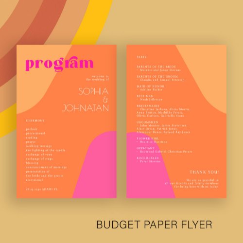 Budget modern retro wedding program template flyer