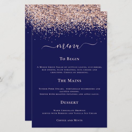 Budget Modern Rose Gold Glitter Wedding Navy Menu