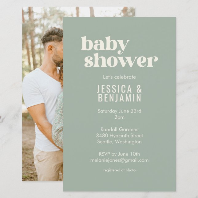 Budget Modern Sage Green Baby Shower Photo Invite (Front/Back)