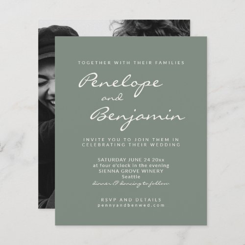 Budget Modern Sage Green Photo Wedding Invite