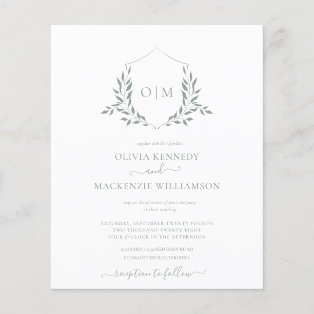 Budget Modern Sage Leafy Crest Monogram Wedding Flyer (Front)