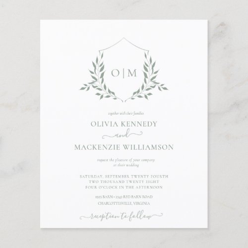 Budget Modern Sage Leafy Crest Monogram Wedding Flyer