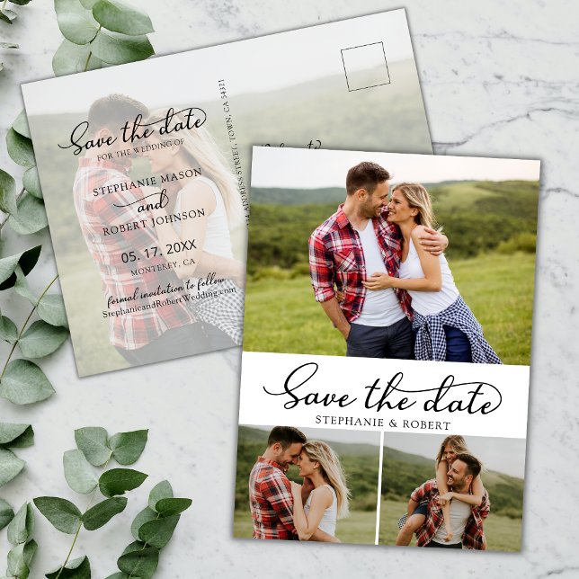 Budget Modern Script 3 Photo Collage Save The Date Announcement Postcard (Creator Uploaded)